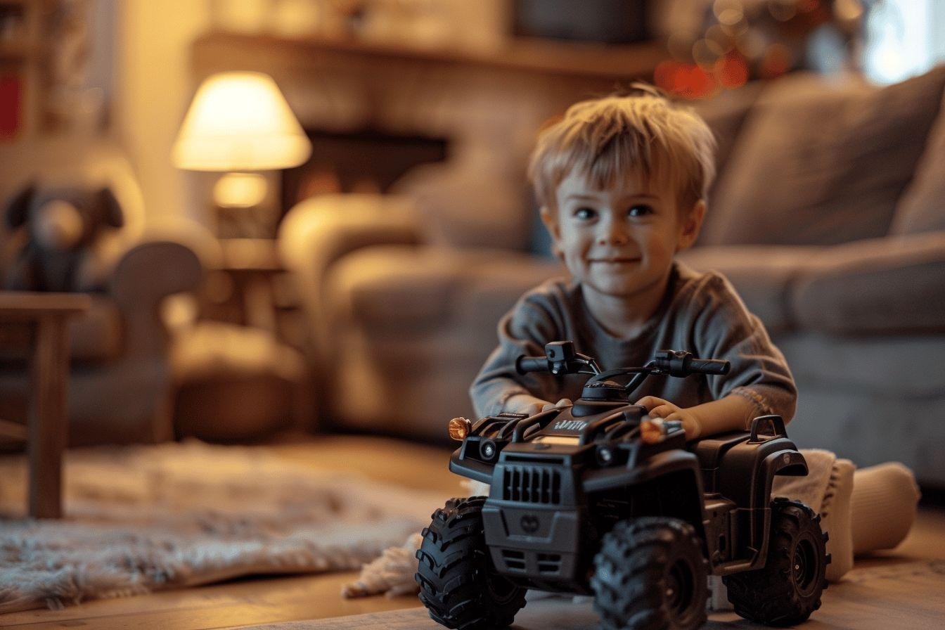 Un jeune garçon jouant avec un véhicule tout-terrain dans une pièce confortable.