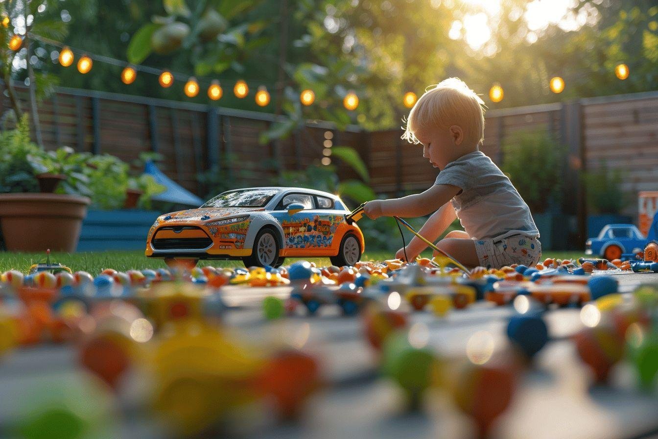 Petit garçon jouant avec des voitures et des jouets dans un jardin ensoleillé